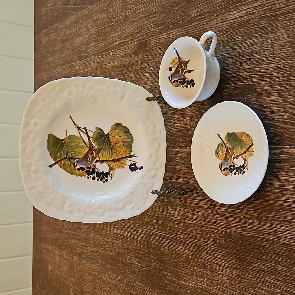 Alfred Meakin England White Crowned Sparrow #114 Square Luncheon Plate, Cup and